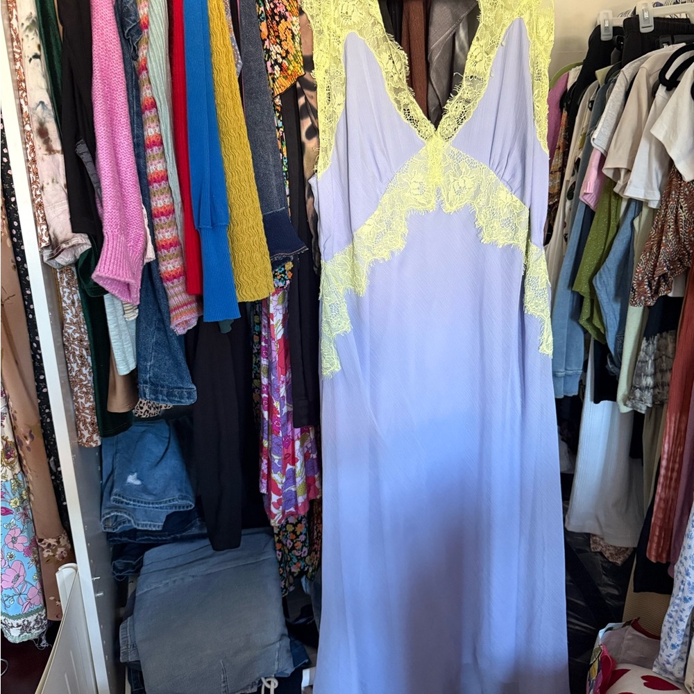 ASOS CURVE Elegant Lace Trim cocktail gown- Lavender and lime/ Yellow